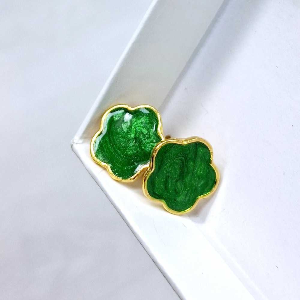 Brincos em Prata Dourada 925 com Flores Verdes