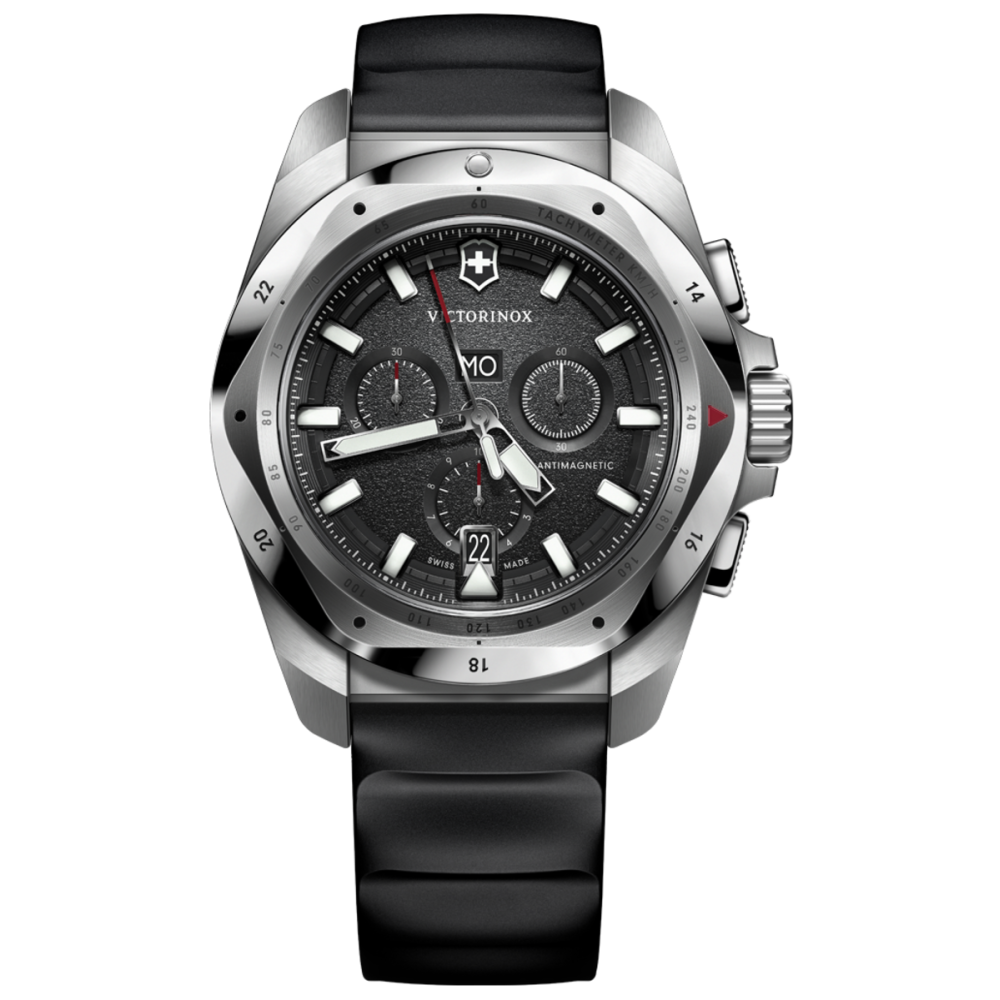 RELÓGIO INOX CHRONO BLACK DIAL, BLACK RUBBER